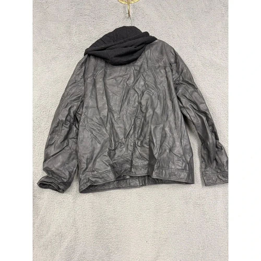 Kenneth Cole Reaction Jacket Mens 2XL Black Faux Leather Hooded Moto Zip‎ Bomber